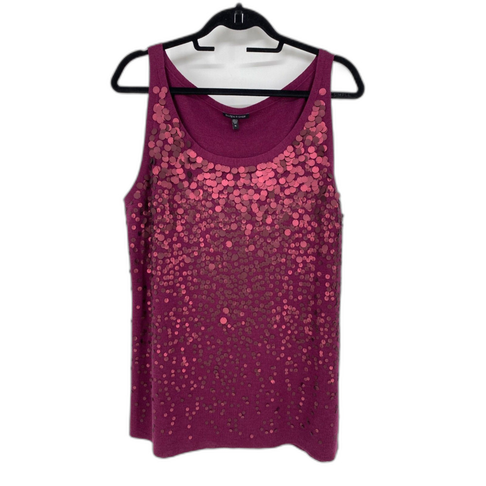 Eileen Fisher Sequin Front Magenta Purple Sleeveless Top Womens XL Wool